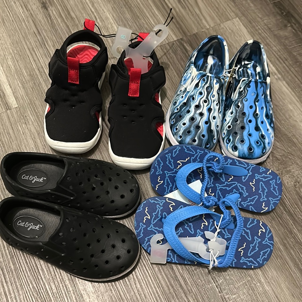 All Cat & Jack brand. All size 8 beside the all black slipped on is size 7.